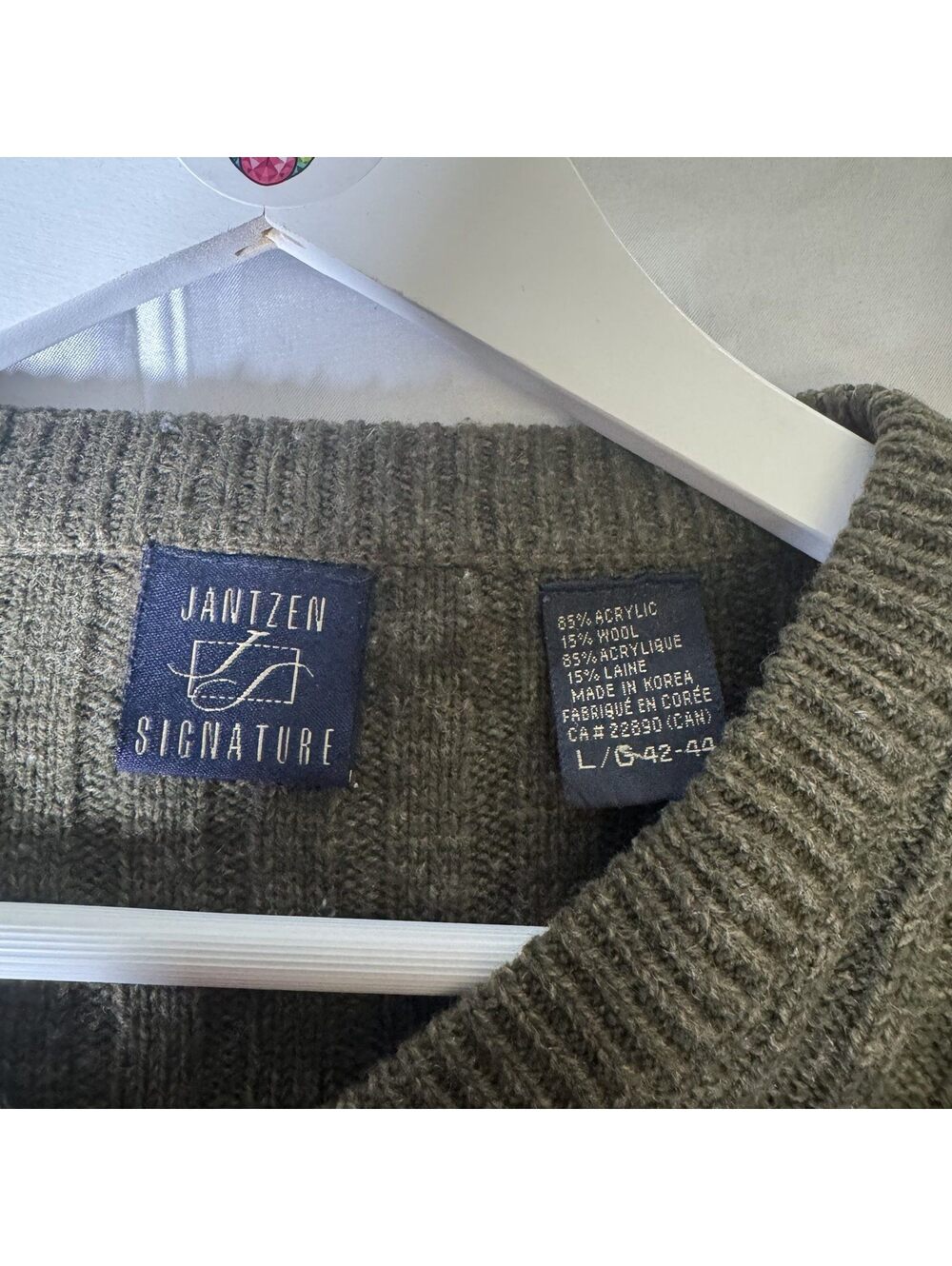 Vintage Jantzen Signature Olive Cable Knit V-Neck Sweater Made In Korea Sz L - Picture 5 of 8